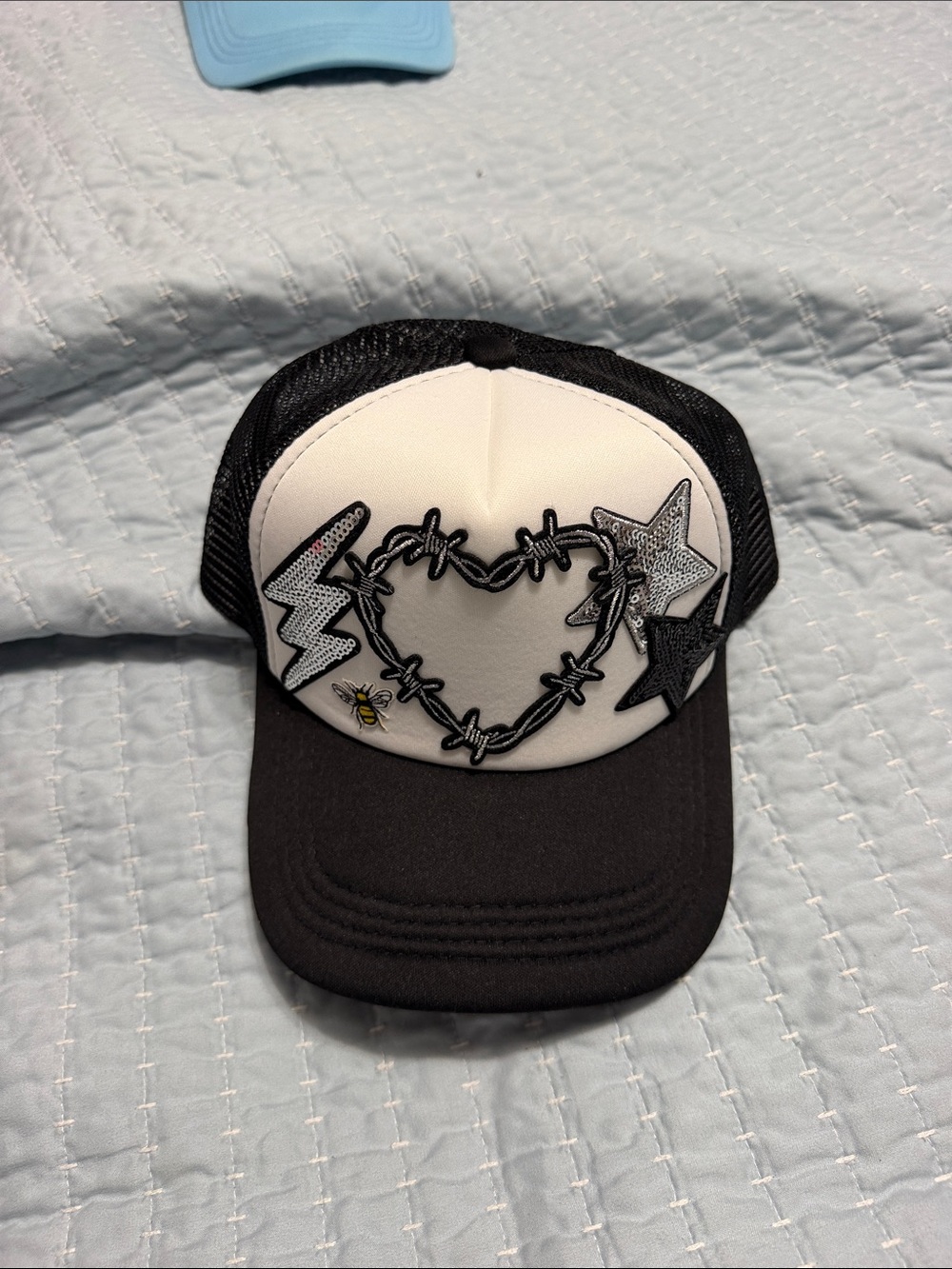 Hobby Lobby Black & White Trucker Hat with Heart, Stars & Lightning Accents
